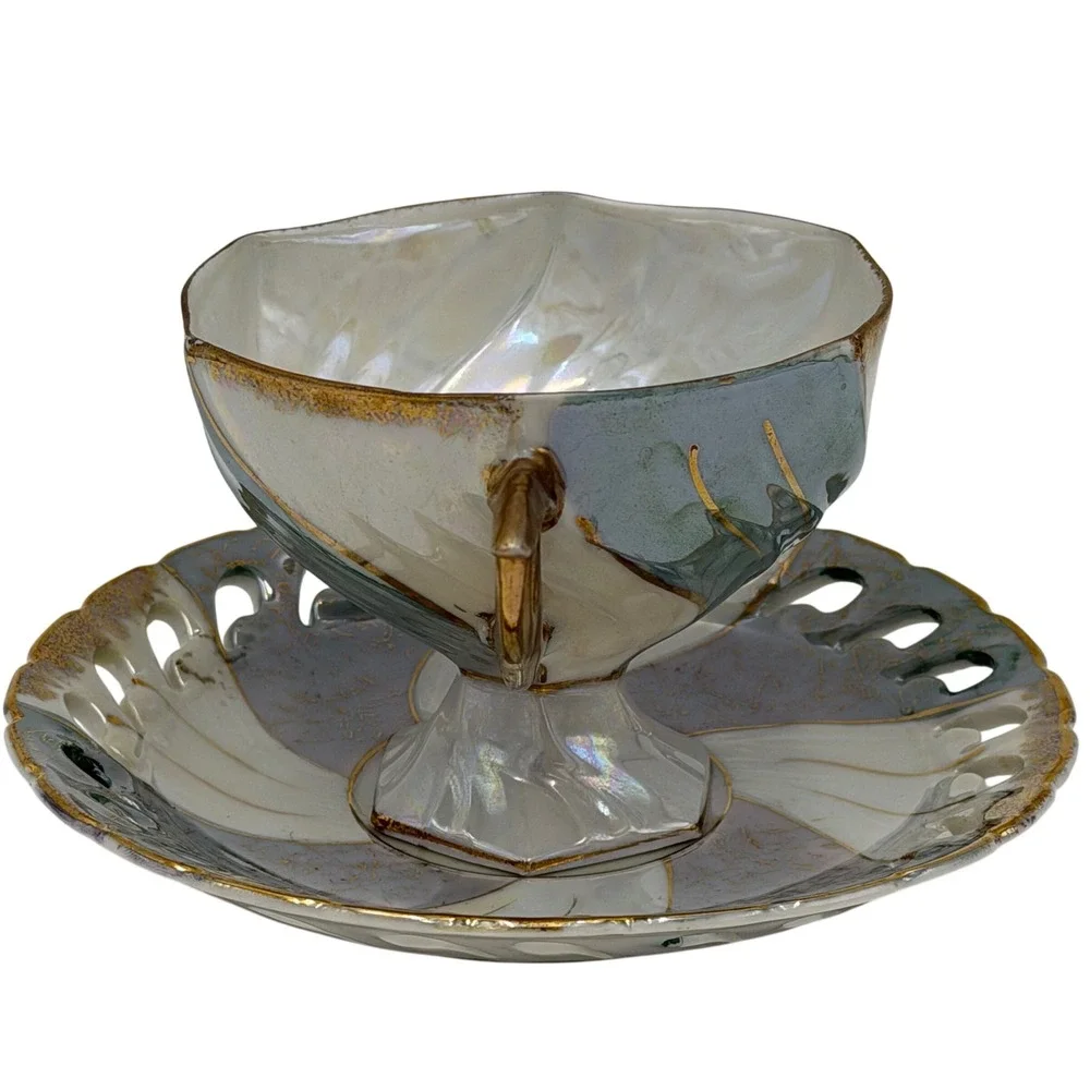 Vtg Lustreware Iridescent Footed Teacup and Reticulated Saucer Set Gold Trim